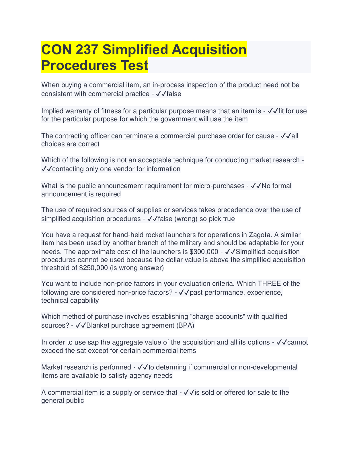 Preview image for Defence Acquisition University CON 237 Simplified Acquisition Procedures Test | 100% Correct Answers